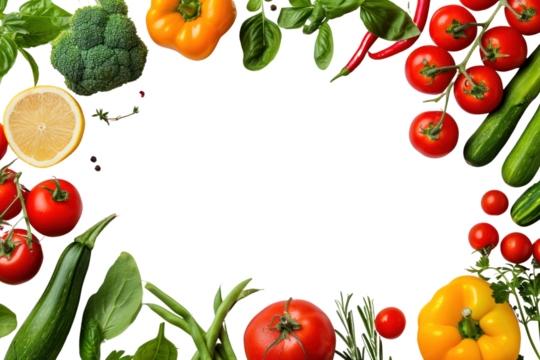 Various vegetables and fruits Isolated on transparent background. Top view. Creative flat pattern. Healthy food storage, food background. Vegetable frame with space for text.