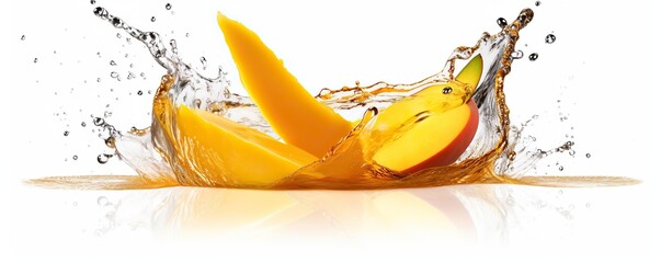 mango in water splash juice . white background - obrazy, fototapety, plakaty