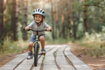 Happy kid riding bike on wooden road, forest background