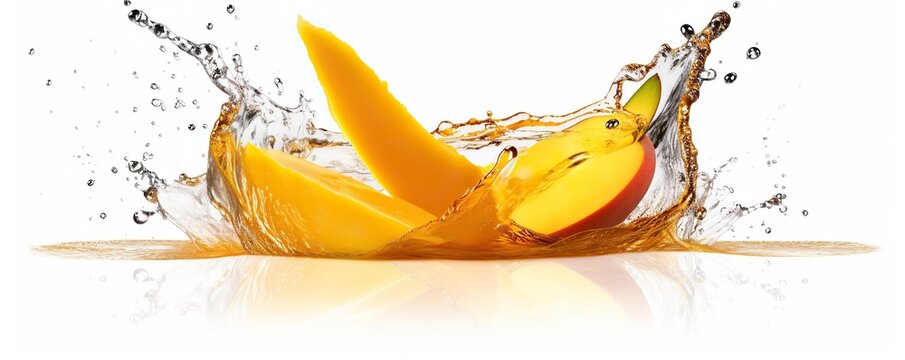 mango in water splash juice . white background