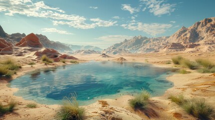 Fototapeta na wymiar Oasis Mirage: Serene Waters Flourishing Amidst Arid Desert Wonders
