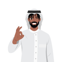 Young happy black arab muslim man giving okay hand sign.  Flat vector illustration isolated on white background