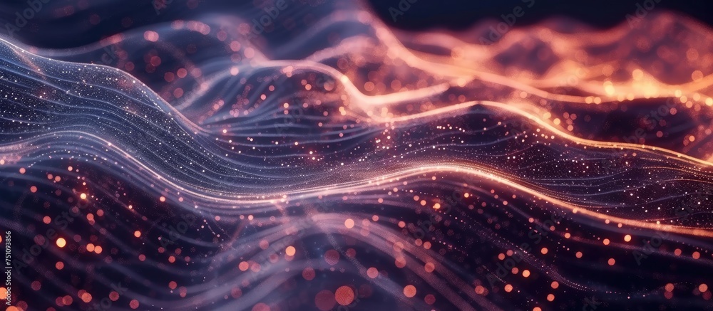 Poster a computer generated abstract background depicts a powerful wave of light surrounded by gravitationa