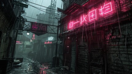 Amidst the rain-slicked streets of the grim cyberpunk alley, neon signs flicker in a haunting dance.