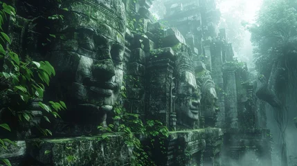 Cercles muraux Vieil immeuble Amongst the thick foliage of a dense jungle lie the lost ruins, where ancient statues stand, half-hidden from sight
