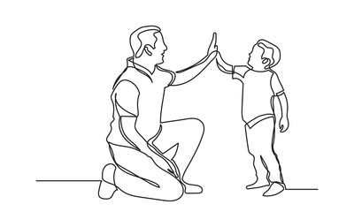 Continuous line drawing of the young father giving high-five to his son for success. Single line dad giving high five gesture. Father-son happy moment isolated of white background.
