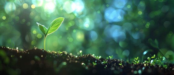 Young plant sapling growing in rich soil and green nature bokeh light on background. New Life, Beginnings, Development, Nature and Environment background. Banner design. - obrazy, fototapety, plakaty