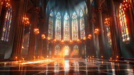 Gothic cathedral interior illuminated by stained glass windows and candlelight - obrazy, fototapety, plakaty