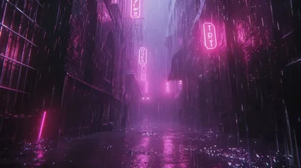 Gordijnen Grim cyberpunk alley with rain-slicked streets and flickering neon signs © Lerson