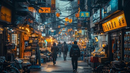 Gritty cyberpunk marketplace with vendors selling high-tech gadgets - obrazy, fototapety, plakaty