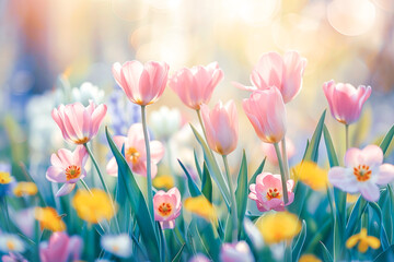 Blooming tulips and daffodils in spring light. Flowers and Springtime background.