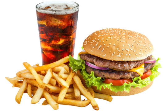 Hamburger and cheeseburger with coke soda, deluxe fast food, isolated on transparent background.