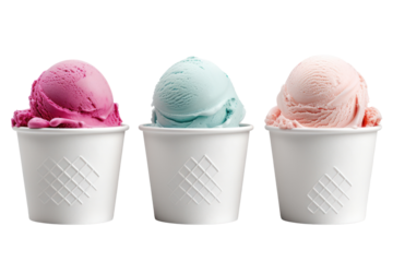 Ice cream scoop on white blank empty paper cup bowl on transparent background cutout,