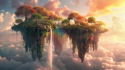Surreal dreamscape with floating islands and rainbow waterfalls