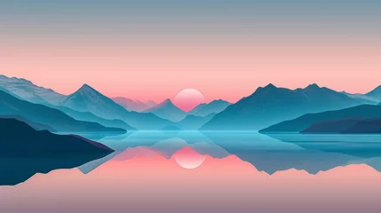 Fotobehang A serene landscape of a digital sunrise over a tranquil lake, captured in HD for a minimalist and colorful background mockup. © The Image Studio