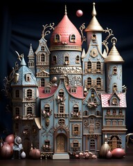 A closeup shot of a toy castle on a black background with copy space
