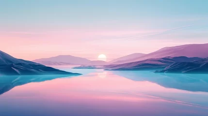 Zelfklevend Fotobehang A serene landscape of a digital sunrise over a tranquil lake, captured in HD for a minimalist and colorful background mockup. © The Image Studio