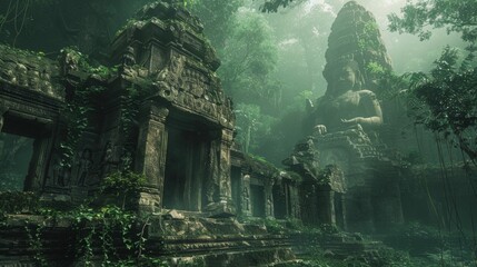 Veiled by the dense canopy of a jungle, the lost ruins reveal themselves, their ancient statues emerging from the verdant overgrowth - obrazy, fototapety, plakaty