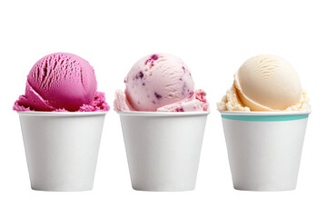 Ice cream scoop on white blank empty paper cup bowl on transparent background cutout,