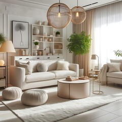 Modern, simple living room with creamy white tones - obrazy, fototapety, plakaty