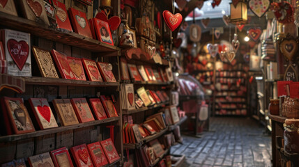 Greeting card aisles are filled with rows and rows of cards each one adorned with romantic messages and adorned with images of hearts Cupid and other symbols of love.