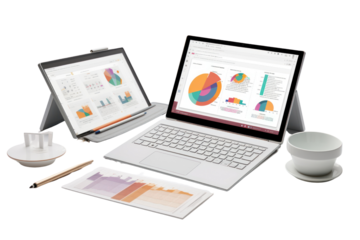 A laptop sits on the table with a stack of documents, pens, and a smartphone. Isolated on a transparent background. Laptop screen displays graphic showing growth Style: Modern, Airy, Professional