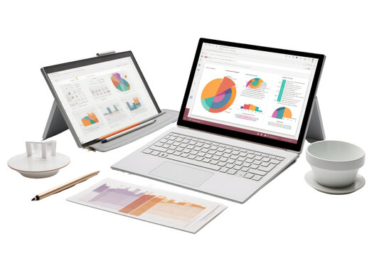 A laptop sits on the table with a stack of documents, pens, and a smartphone. Isolated on a transparent background. Laptop screen displays graphic showing growth Style: Modern, Airy, Professional