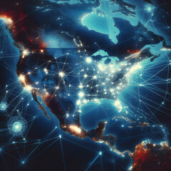 map of USA, concept of global network and connectivity on Earth, high speed data transfer and cyber technology