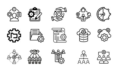 Business or organisation management icon set. Containing manager, teamwork, strategy, marketing, business,