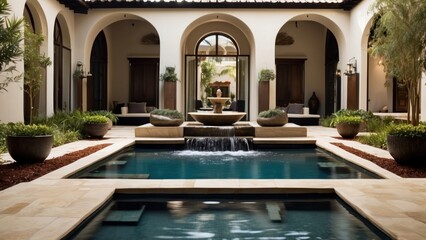 Integrate creative water features throughout the villa, such as reflecting pools, cascading waterfalls, or a contemporary fountain in the central courtyard - obrazy, fototapety, plakaty