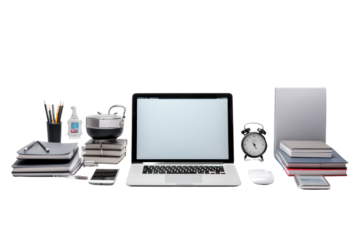 Laptop computer placed on a wooden table. Work equipment. Easy to carry. Work anywhere, anytime with a laptop computer. Isolated on transparent background.