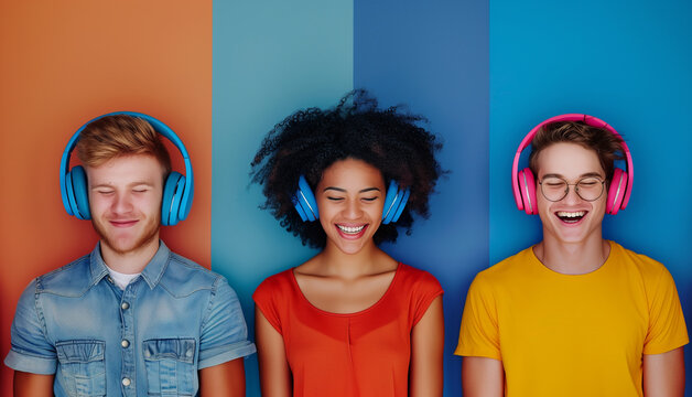 Happy chill young people listening to music with wireless headphones on a colorful background