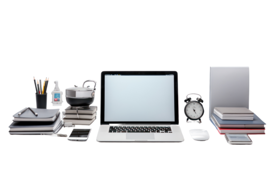 Laptop computer placed on a wooden table. Work equipment. Easy to carry. Work anywhere, anytime with a laptop computer. Isolated on transparent background.