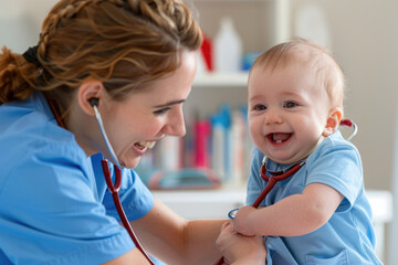 Happy pediatrician using stethoscope during baby's regular health checkup