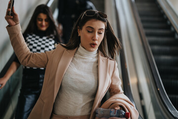 A young woman is captured using her smart phone while descending an escalator, exemplifying urban...