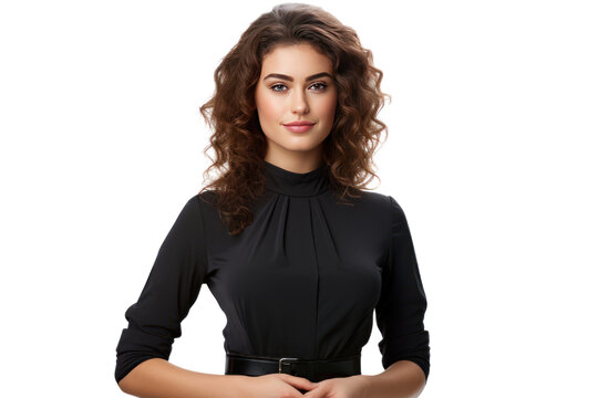 woman wearing black suit Standing and talking on the phone It shows a woman who dresses modestly. suitable for work A woman who is confident and professionalism Show a convincing image. 