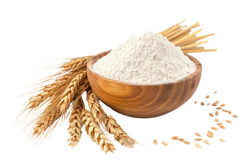 Wheat flour in wooden bowl and ears ,Isolated on a transparent background.