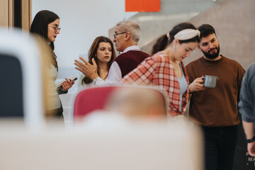 Diverse group of colleagues engaging in a casual business discussion.