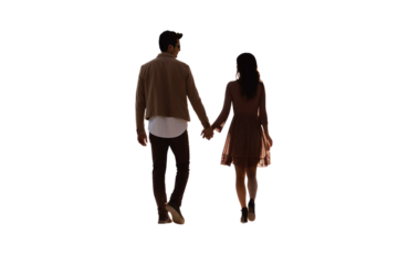 Couple walking hand in hand conveys love and romance. Isolated on a transparent background.