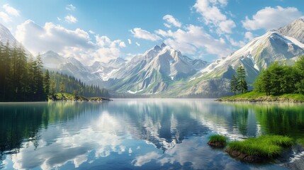 A serene mountain lake with crystal-clear water, reflecting the surrounding peaks and the endless blue sky.