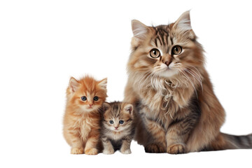 Obraz premium large fluffy cat with big eyes sits next to a small orange kitten. Mother cat and little kittens,Isolated on a transparent background.
