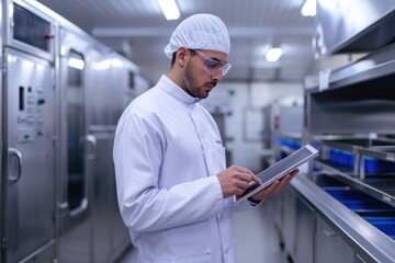 A male food inspector in a sterile white uniform is holding a tablet and looking at cookies being produced in the production room.