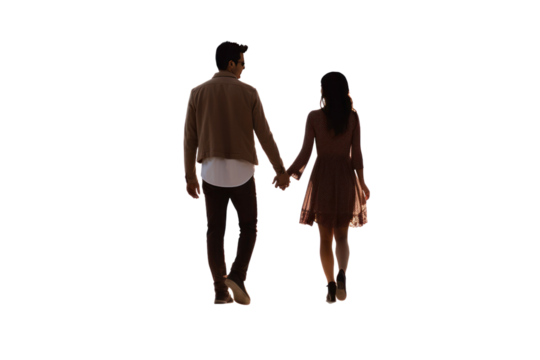 Couple walking hand in hand conveys love and romance. Isolated on a transparent background.