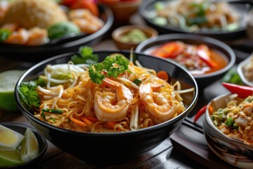 Variety of Thai food including Pad Thai with shrimp and Panang curry. Thai food - obrazy, fototapety, plakaty