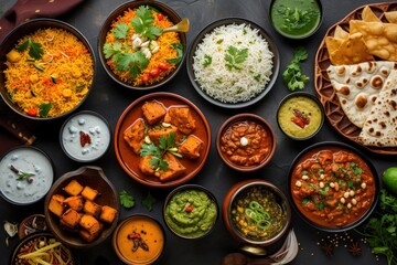Various Indian food on dark rural background Delicious Indian food