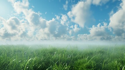 Beautiful grass background with ground mist and clouds