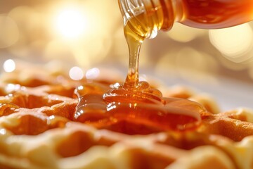 Belgian waffles with honey pouring