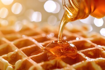 Belgian waffles with honey pouring - obrazy, fototapety, plakaty