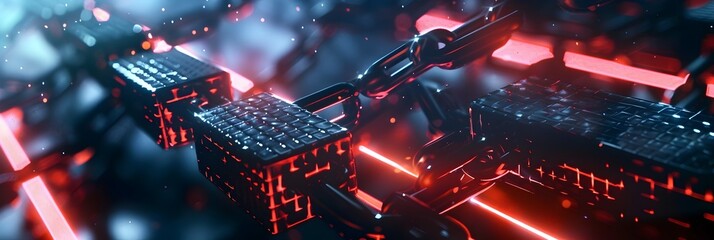 An animation of a chain with red light moving through it in the style of cyberpunk imagery on a dark background representing technology and digital art