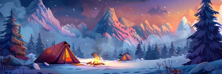 Fotobehang A cheerful winter camping scene featuring a colorful tent and a cozy campfire in the snow perfect for holiday season and outdoor activities © Songyote